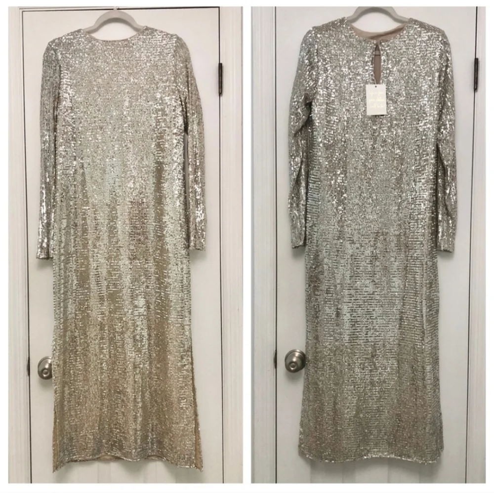 SHOW ME YOUR MUMU maddison
dress in platinum Silver Sequin Long Sleeve Gown Slit - Picture 10 of 14